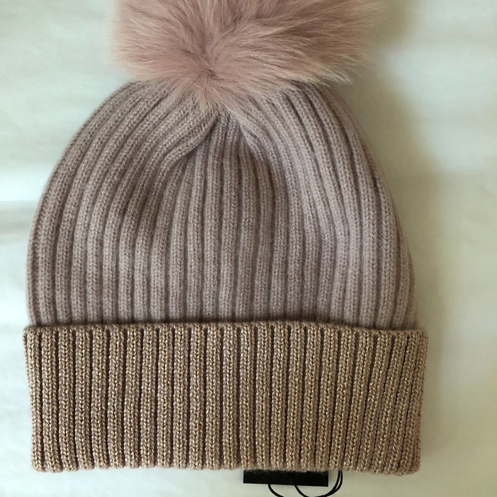 Fox Fur Pom-Pom & Metallic Cuff Cashmere Beanie - Picture 3 of 5
